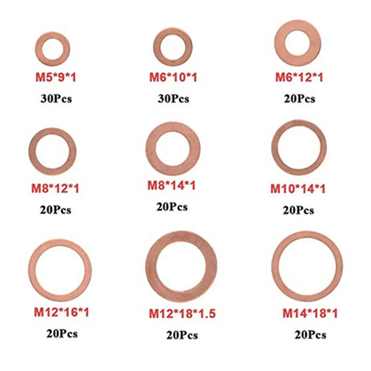 Kit de 200 Pièces de Joints d'Étanchéité en Cuivre - M8, M10, M12, M14
