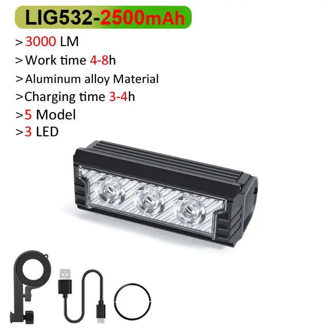 Feu avant de vélo 6000 Lumens - Grand Angle - Jusqu'à 12h d'autonomie + Feu arrière OFFERT