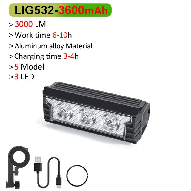 Feu avant de vélo 6000 Lumens - Grand Angle - Jusqu'à 12h d'autonomie + Feu arrière OFFERT