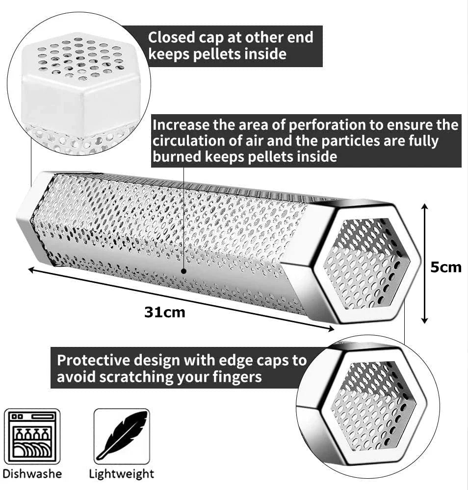 Tube Fumoir Hexagonal Inox 30cm pour Granulés BBQ — Fumage Froid & Chaud 5h