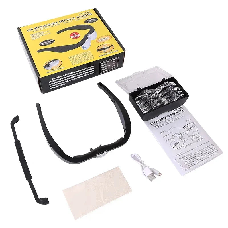 Lunettes Loupe 4 EN 1 avec Lumière LED Rechargeable USB - 1.5X 2.5X 3.5X 5.0X