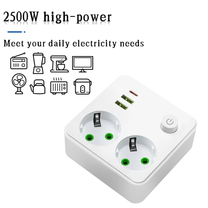 Multiprise Bouton ON/OFF - 2 prises/ 2 Ports USB/ 1 Port USB Type-C