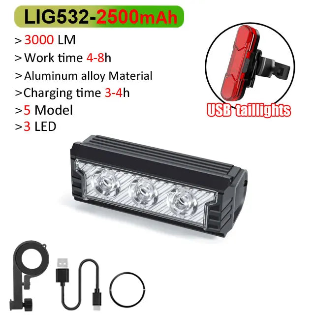 Feu avant de vélo 6000 Lumens - Grand Angle - Jusqu'à 12h d'autonomie + Feu arrière OFFERT