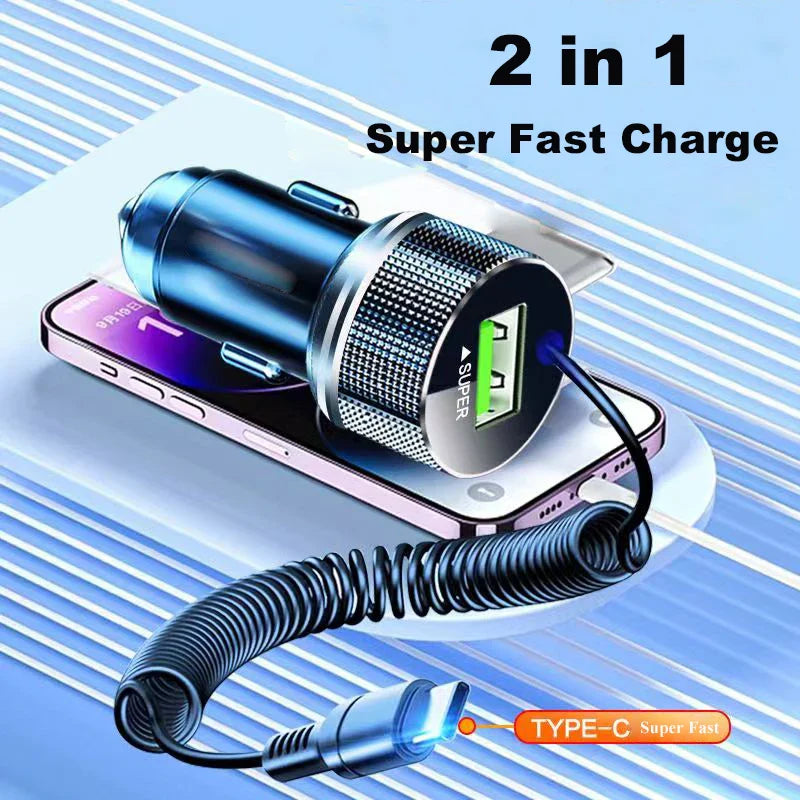 Chargeur Voiture USB-C 2-en-1 – Charge Ultra Rapide 12V pour iPhone, Samsung, Huawei et OPPO