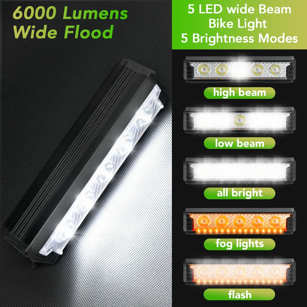 Feu avant de vélo 6000 Lumens - Grand Angle - Jusqu'à 12h d'autonomie + Feu arrière OFFERT
