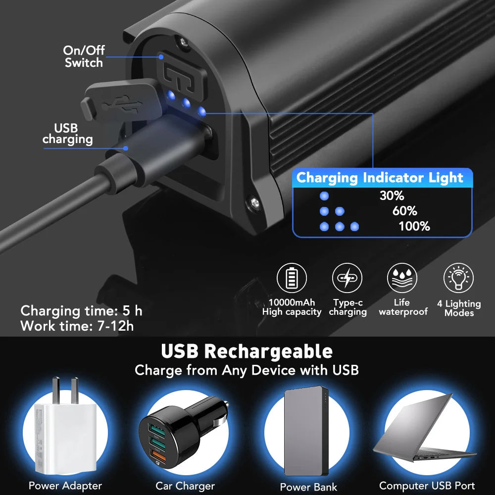 Feu avant de vélo 6000 Lumens - Grand Angle - Jusqu'à 12h d'autonomie + Feu arrière OFFERT