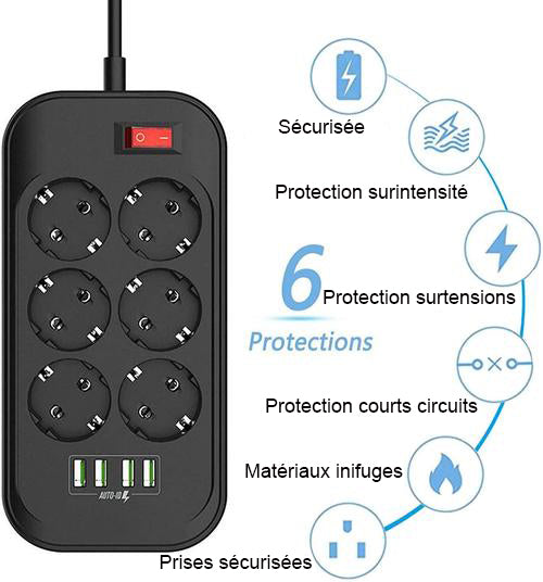 Multiprise - 6 prises + 4 ports USB