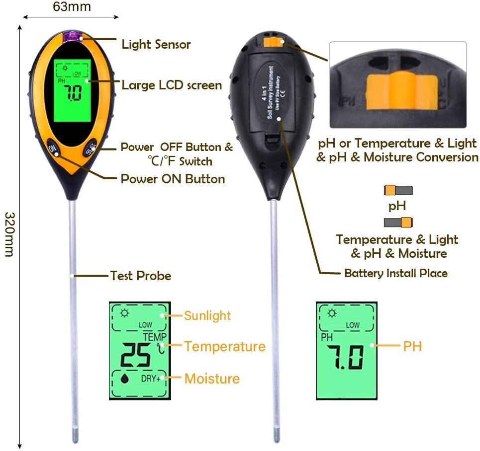 Capteur 3-en-1 Jardin, pH, Luminosité et Humidité