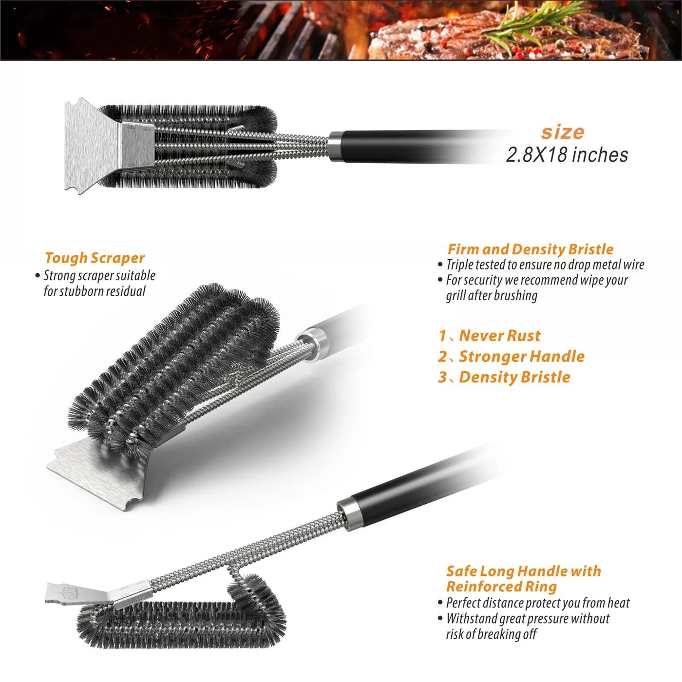 Brosse de Nettoyage BBQ 3 en 1 avec Grattoir