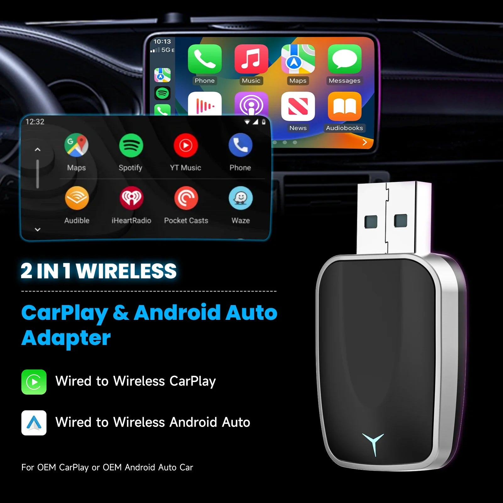 Adaptateur CarPlay Sans Fil 2 en 1 - iPhone & Android Auto