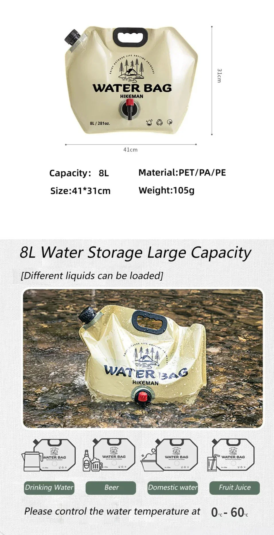 Sac d’Eau Robuste 8L avec Robinet Intégré