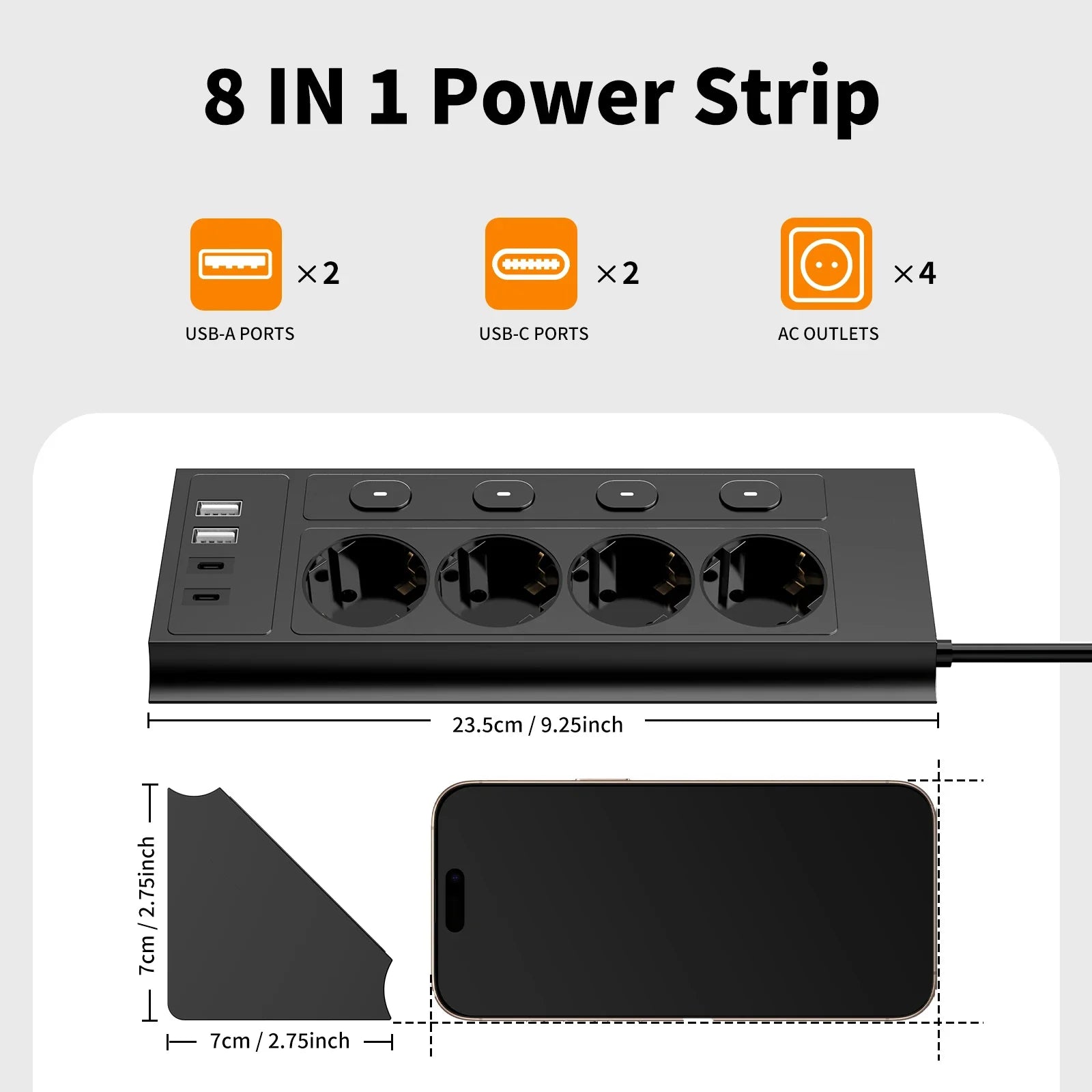 Multiprise d'Angles de Bureau avec Interrupteur de Contrôle - 4 Prises + 4 Ports