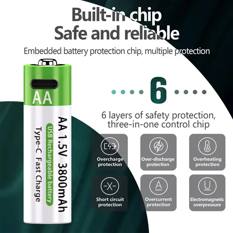 4 Piles Rechargeables USB AA 1.5V – 3800mAh