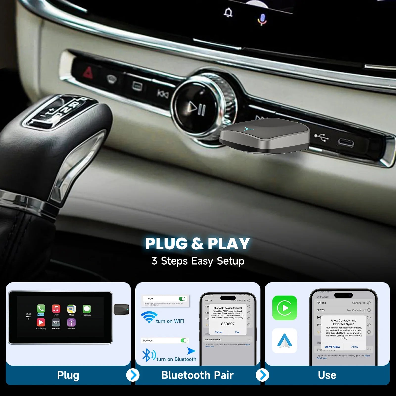 Adaptateur CarPlay Sans Fil 2 en 1 - iPhone & Android Auto