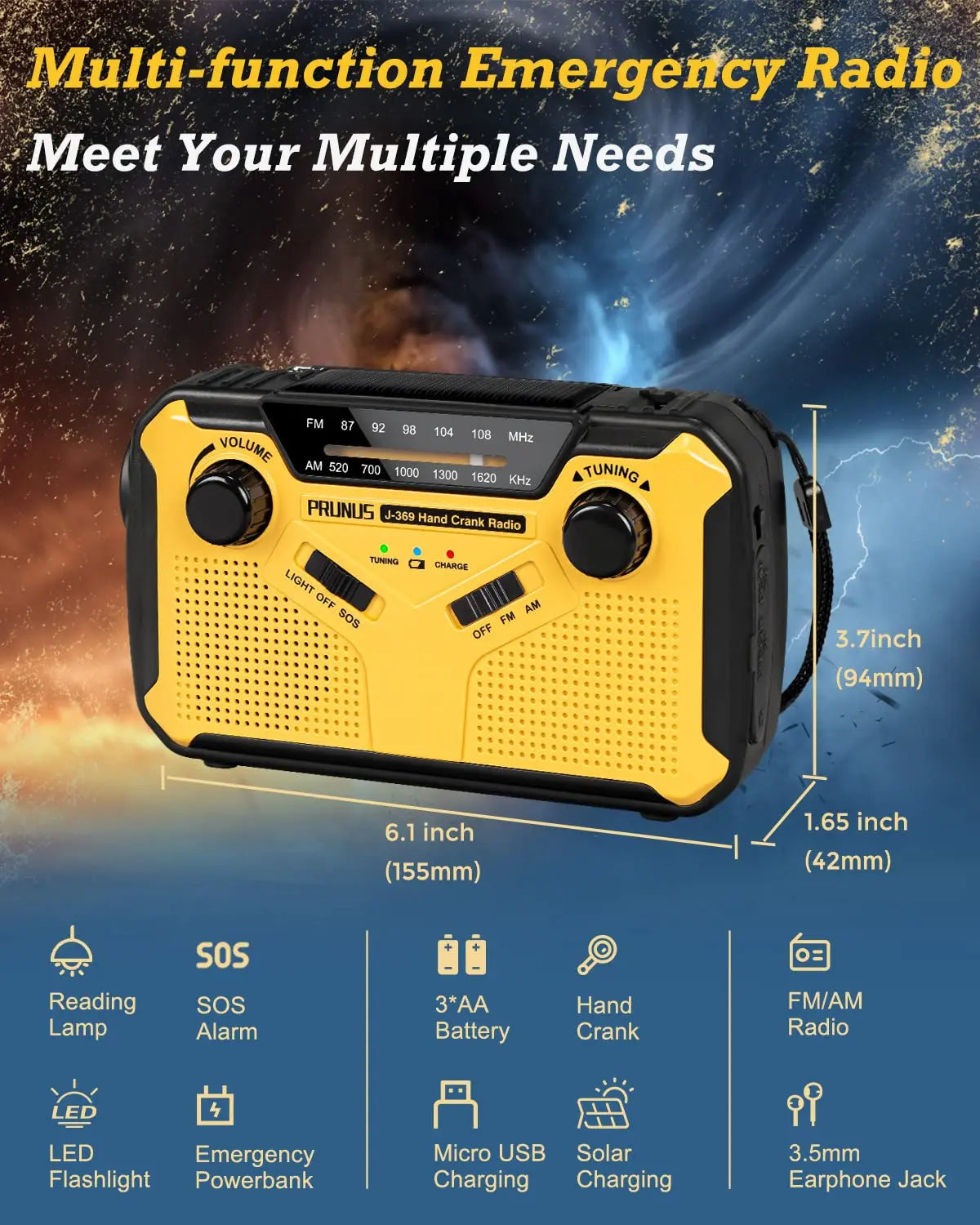 Radio D’urgence Multi-fonctions AM/FM Solaire avec Manivelle