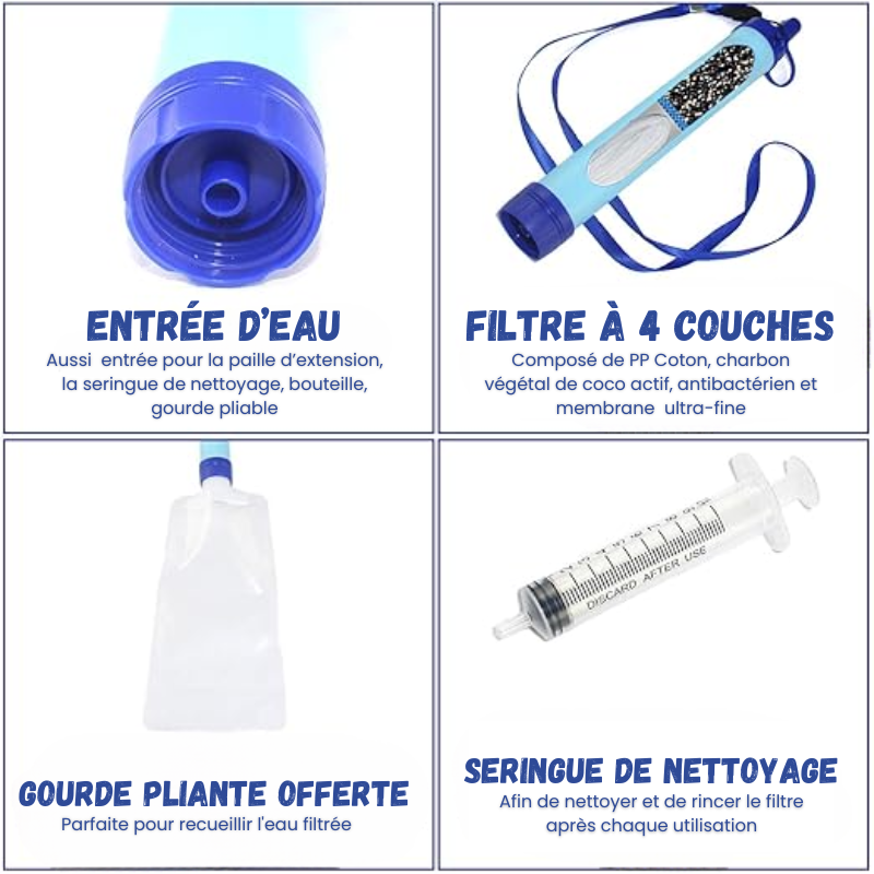 Paille filtrante de survie - Filtre à eau portable + Gourde pliante & E-Book OFFERTS